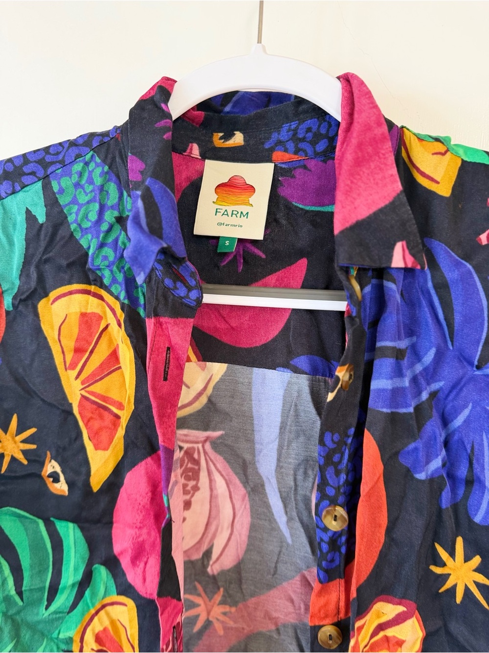 FARM Rio Black Jacket with Bright Pink, Blue, Green & Orange Tropical Print